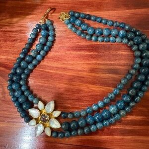 Blue Beaded Triple-Strand Necklace with Floral Gem Pendant